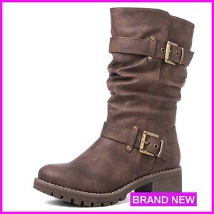 Mid Calf Biker Motorcycle Riding Boots Chunky Heel Edgy Fashion Statement